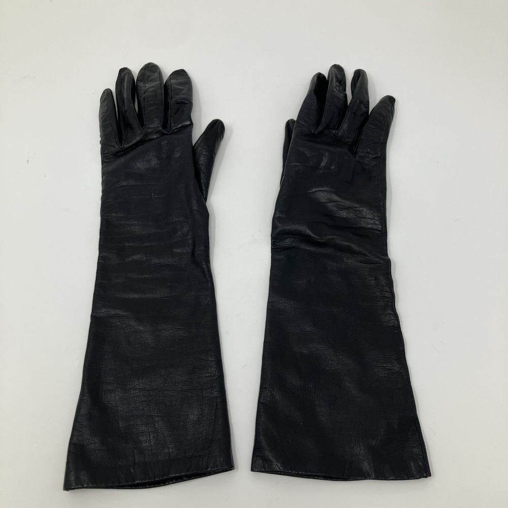 Vintage French Black Kidskin Leather Opera Gloves Silk Lined Sz 6.5